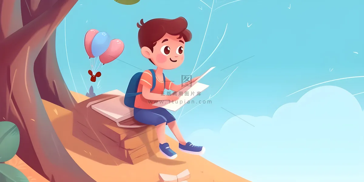 儿童放假写作业天空热气球卡通背景
