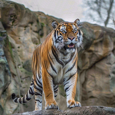 老虎站在假山上的老虎动物园摄影图