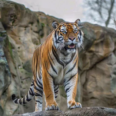 老虎站在假山上的老虎动物园摄影图