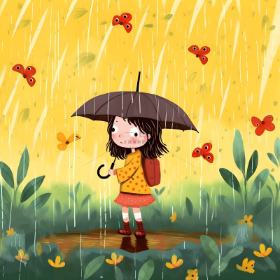 春天下雨天小女孩拿着雨伞在森林里漫步绿色黄色手绘插画海报素材背景