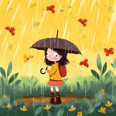 春天下雨天小女孩拿着雨伞在森林里漫步绿色黄色手绘插画海报素材背景