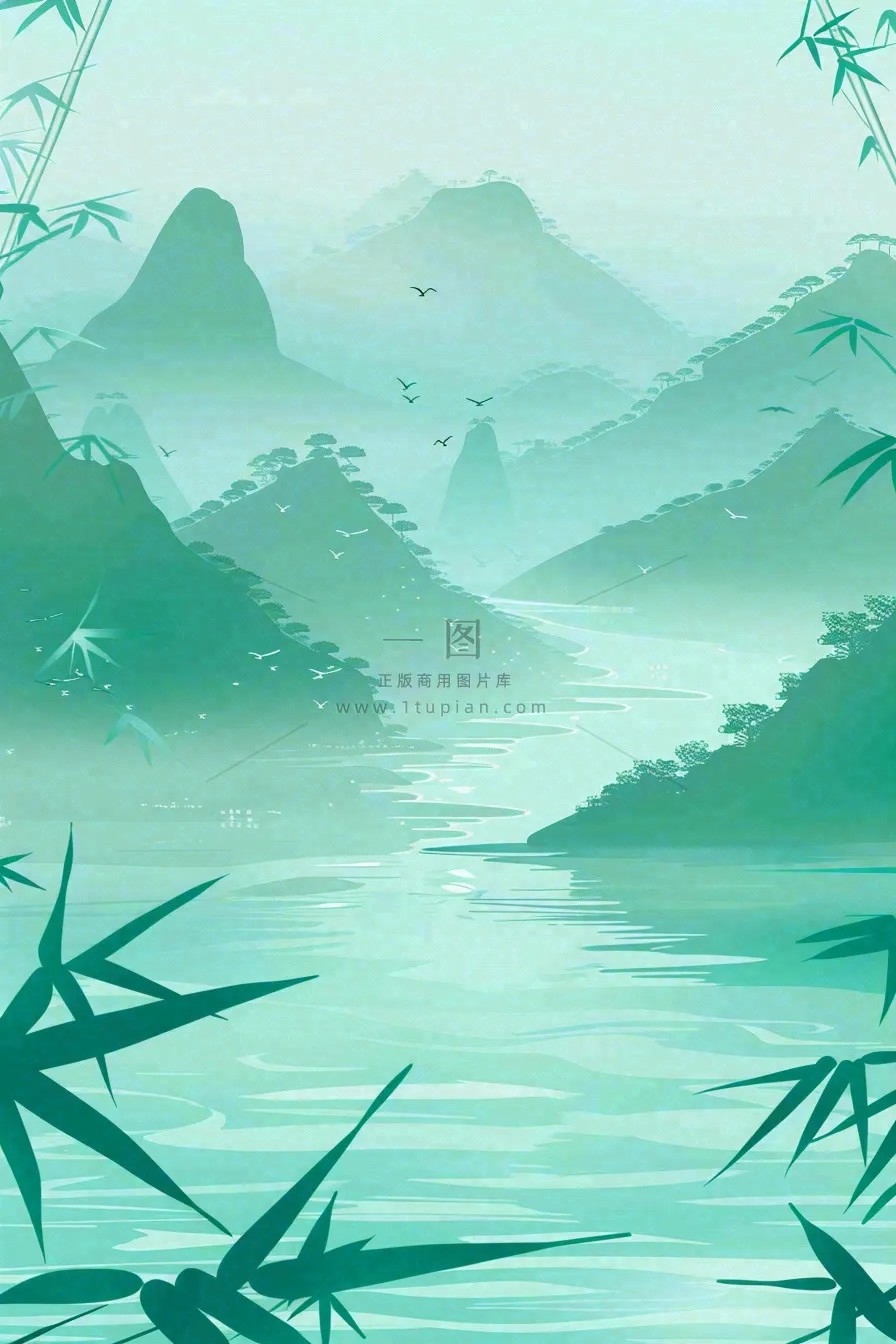 水墨画山水竹林绿色清明端午插画背景