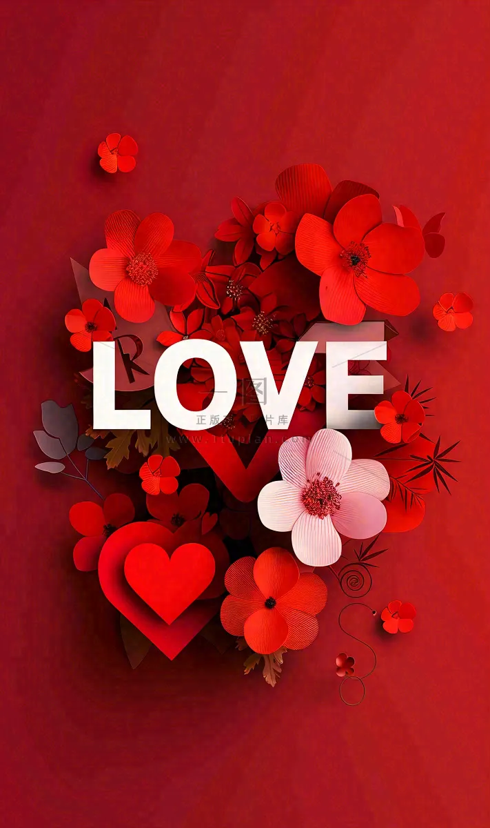 红色鲜花情人节love立体插画情人节七夕背景
