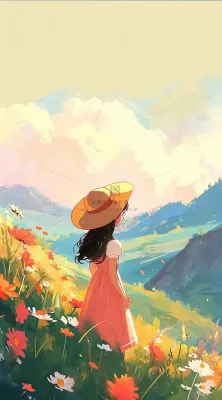 油画女孩春天踏青郊游山脉鲜花草地,春分,插画手绘 油画女孩春天踏青郊游山脉鲜花草地,春分,插画手绘