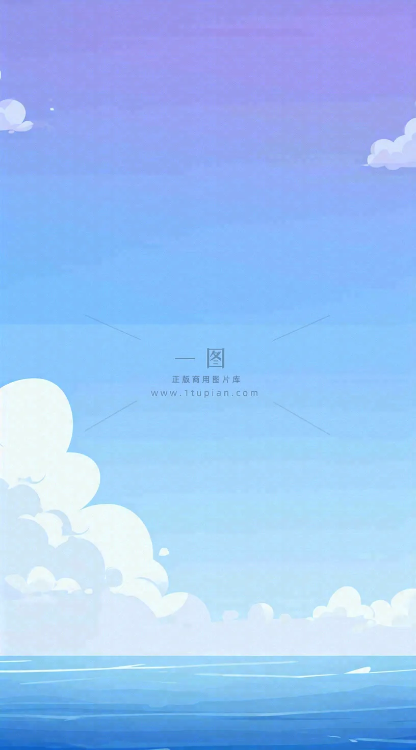 粉蓝渐变天空白云简约温馨,阳光海面海洋扁平插画