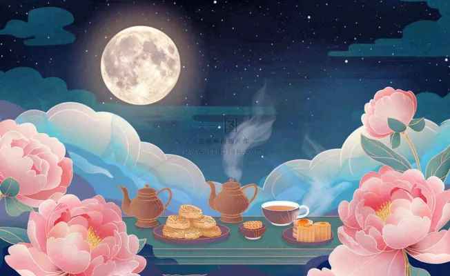 中秋晚宴赏月月饼喝茶牡丹花古风屏风祥云国潮风中国风插画背景