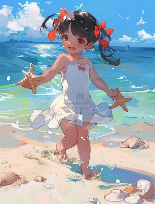 夏日蓝色海边沙滩女孩捡贝壳海鲜户外活动小暑大暑处暑卡通插画背景