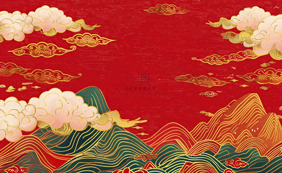 红色国潮风山川祥云喜庆元旦插画背景