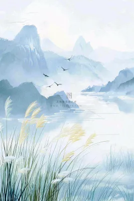 山水水墨芦苇白鹭古风白露寒露处暑插画水彩画背景