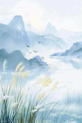 山水水墨芦苇白鹭古风白露寒露处暑插画水彩画背景 山水水墨芦苇白鹭古风白露寒露处暑插画水彩画背景