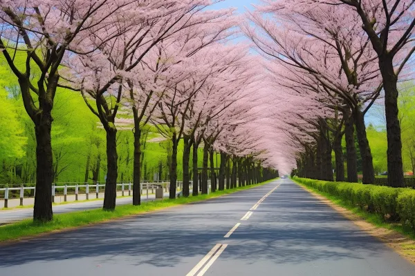 春天道路两侧樱花树风景摄影图