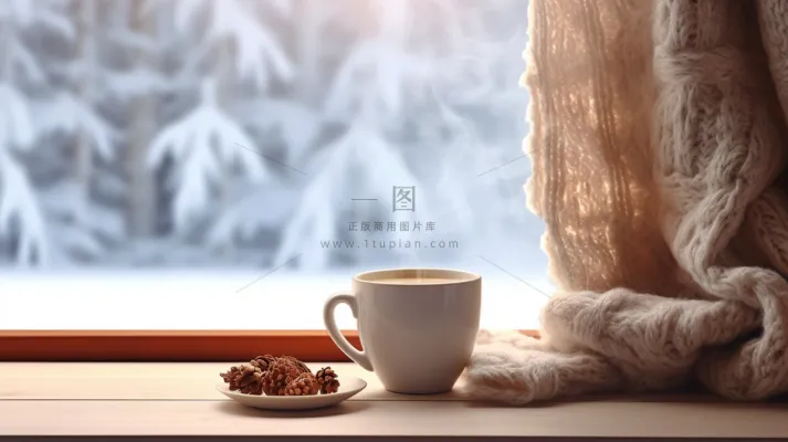 冬季窗外下雪白雪飘窗喝咖啡温暖毛衣摄影图