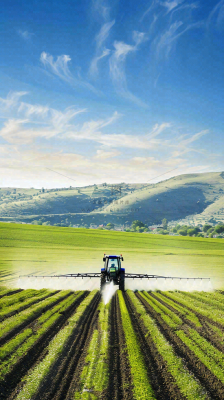农田庄稼里耕种的机器农忙劳动节摄影图
