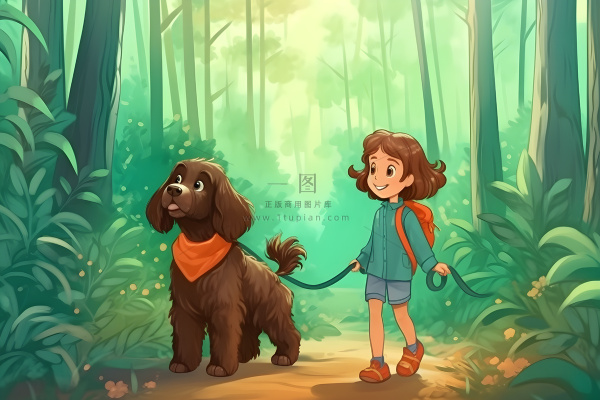 春天小女孩和小狗在森林里漫步手绘插画海报素材背景