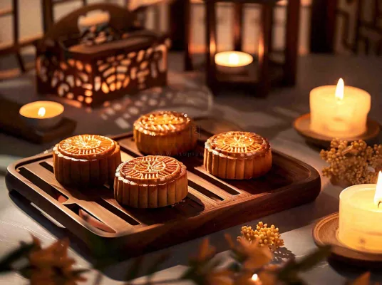 月饼中秋美食蜡烛节日氛围装饰摄影图