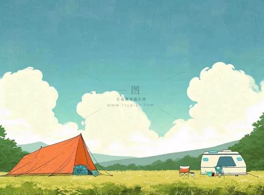 春天夏日清新草坪房车旅行露营玩耍手绘插画