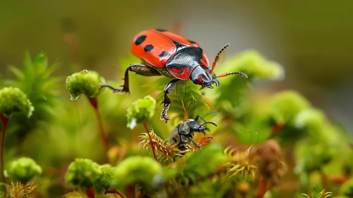 苔藓草地上的昆虫春天摄影图