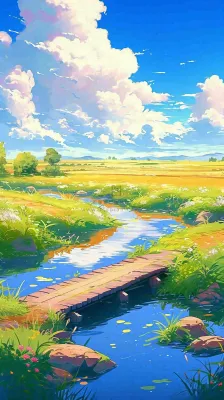 春天草坪河流小溪蓝天白云清新阳光手绘插画，立春春分