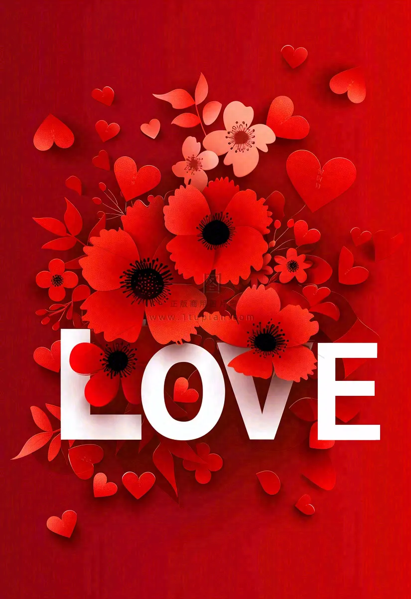 红色鲜花情人节love立体插画情人节七夕背景