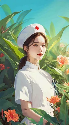 简约天空花草温馨护士医生枝叶插画 简约天空花草温馨护士医生枝叶插画