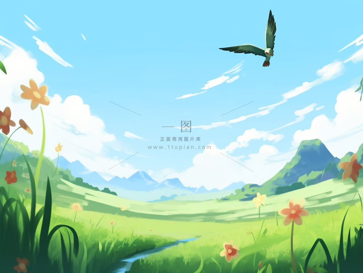 春天草坪草原绿叶花丛蓝天白云卡通插画背景