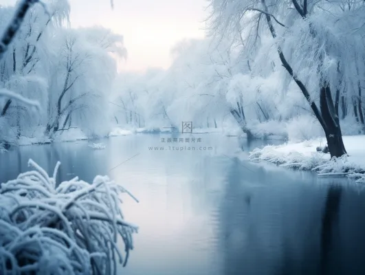 冬季雪山深处河流白雪覆盖的森林摄影图