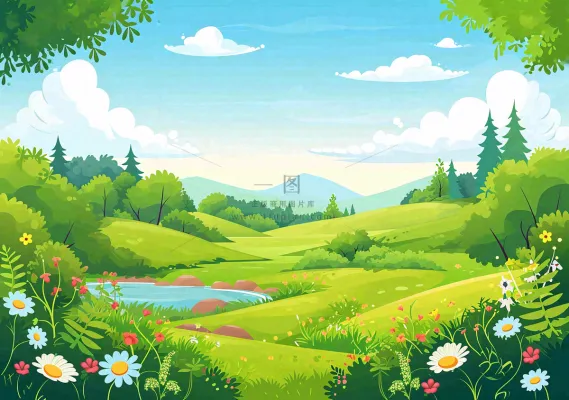 春日旅行草坪草丛花朵河流小溪野外郊游插画,春分 春日旅行草坪草丛花朵河流小溪野外郊游插画,春分
