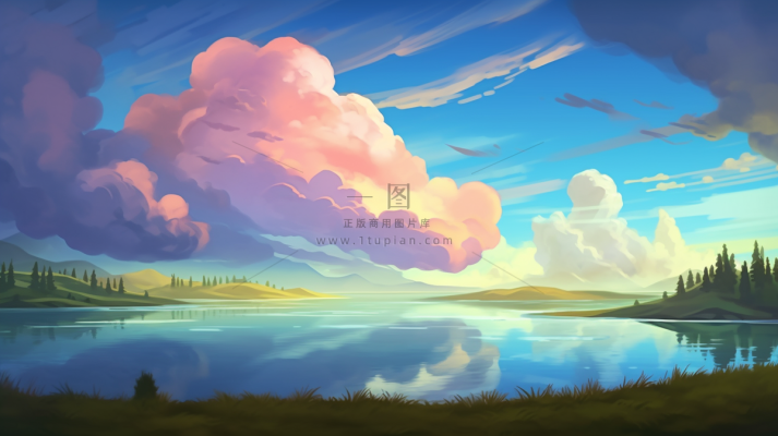 春夏落日余晖草原湖泊卡通插画背景