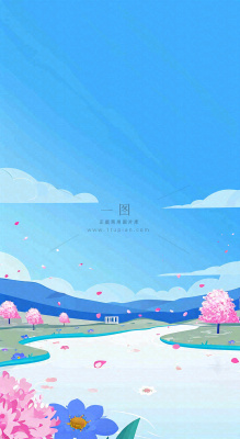 春天浪漫粉色樱花山脉河流蓝天白云清新手绘扁平插画，立春惊蛰