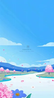 春天浪漫粉色樱花山脉河流蓝天白云清新手绘扁平插画,立春惊蛰 春天浪漫粉色樱花山脉河流蓝天白云清新手绘扁平插画,立春惊蛰