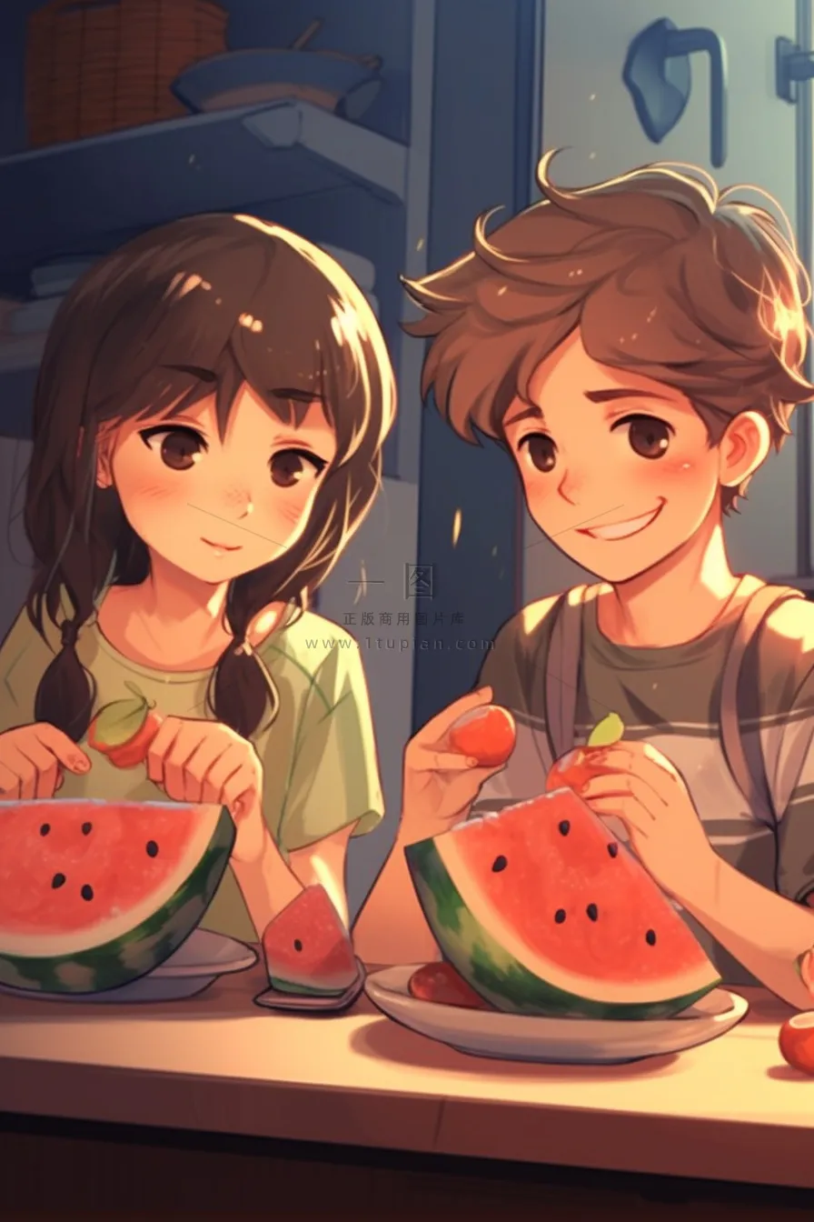 夏日卡通插画儿童吃西瓜动漫风背景