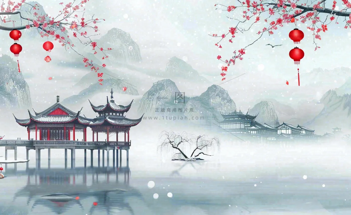 冬天雪景江南风景梅花枝头凉亭红灯笼寒露小雪冬至立冬卡通插画背景