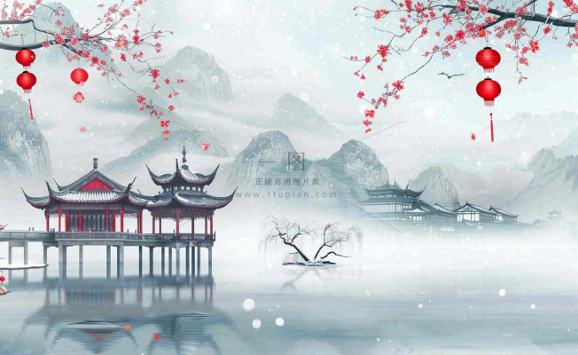冬天雪景江南风景梅花枝头凉亭红灯笼寒露小雪冬至立冬卡通插画背景 冬天雪景江南风景梅花枝头凉亭红灯笼寒露小雪冬至立冬卡通插画背景