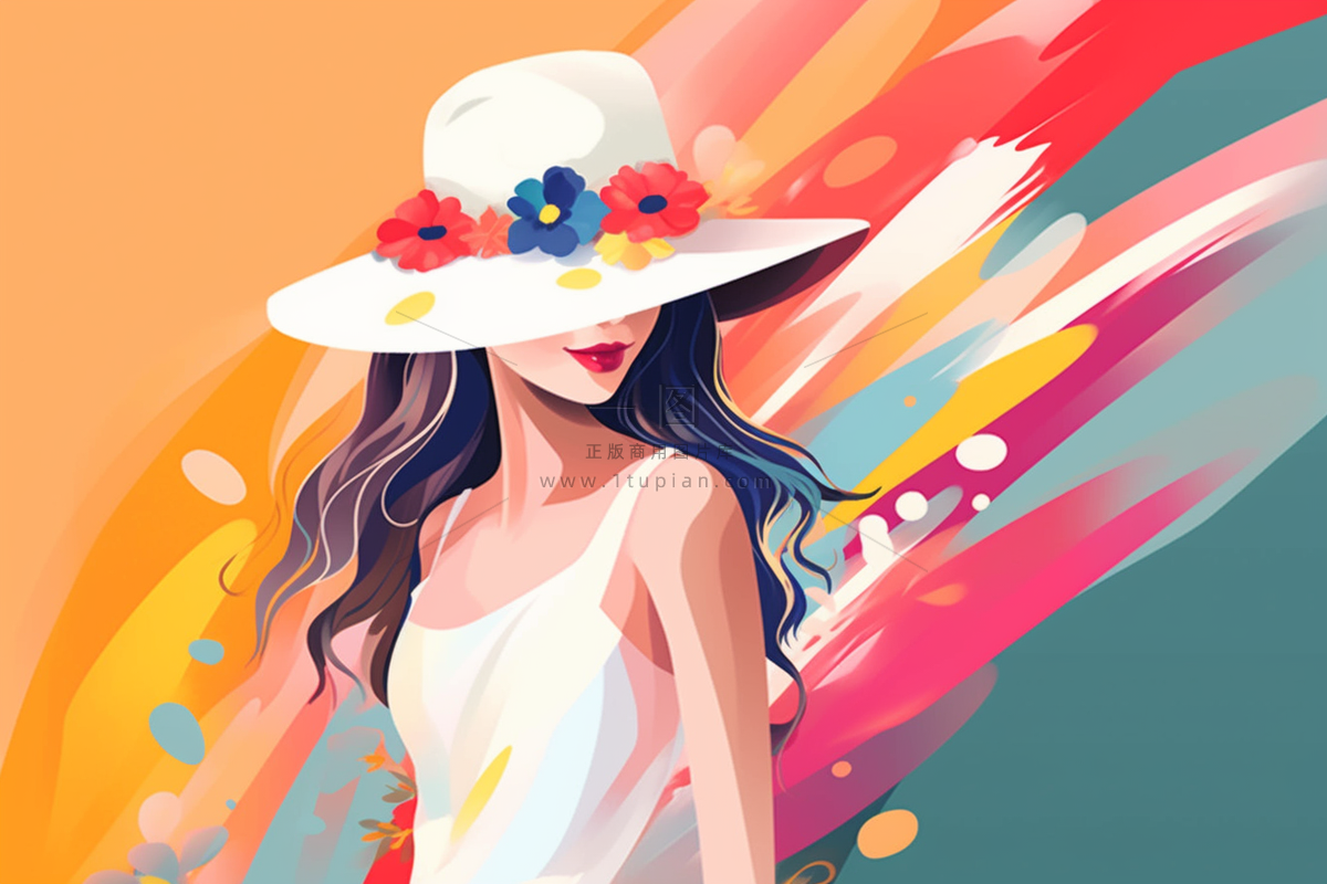 绚丽多彩戴帽子的女生背后的颜料色彩卡通插画