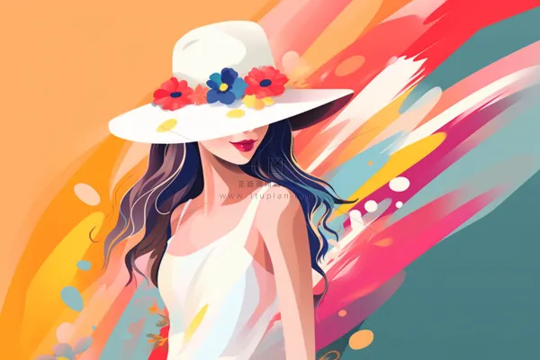 绚丽多彩戴帽子的女生背后的颜料色彩卡通插画