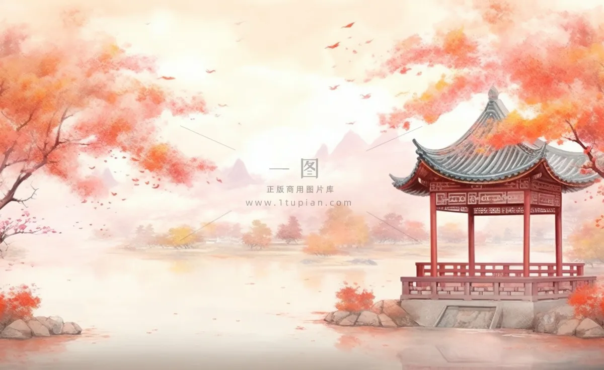 秋季枫叶晚亭山水湖面倒影美景中国风水墨画插画背景