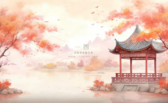 秋季枫叶晚亭山水湖面倒影美景中国风水墨画插画背景 秋季枫叶晚亭山水湖面倒影美景中国风水墨画插画背景