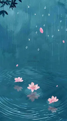 雨天雨滴低落水面泛起涟漪粉色花朵雨水谷雨寒露背景