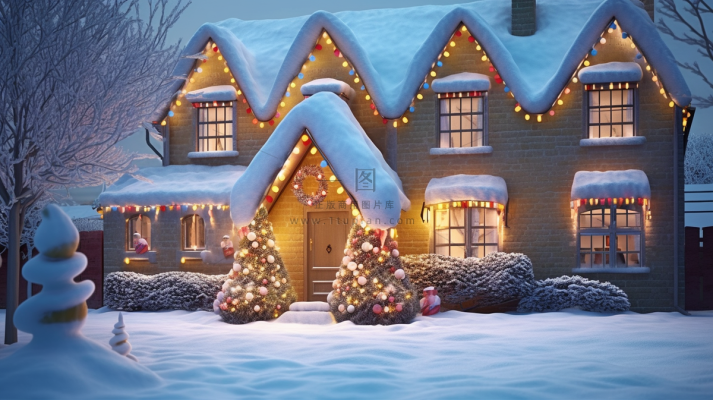 冬日白雪覆盖下的圣诞房屋摄影图 