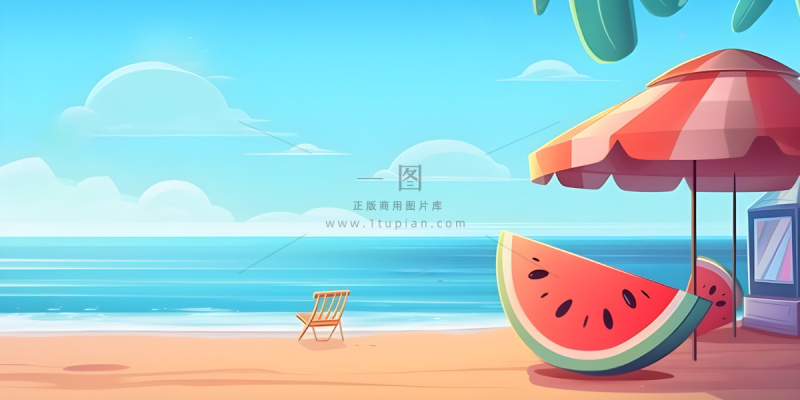 夏日海边沙滩乘凉西瓜背景