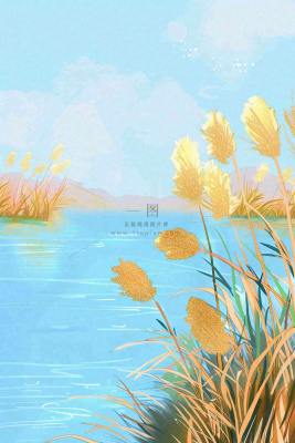 水彩芦苇荡山水画古风中国风白露插画寒露处暑背景 水彩芦苇荡山水画古风中国风白露插画寒露处暑背景