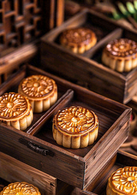 中国传统美食月饼中秋木质礼盒精美礼品摄影图