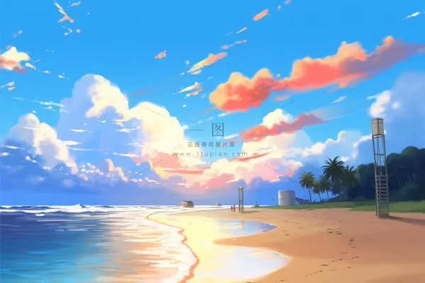 夏日阳光沙滩海浪蓝色插画背景