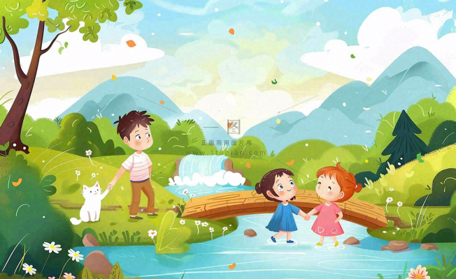 春天出游踏青森林公园小溪小桥樱花小孩宠物立春春分惊蛰绿色卡通插画背景