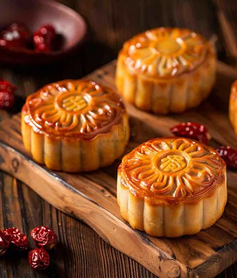 中国美食月饼糕点中秋木质托盘摄影图