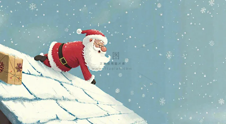 冬天圣诞老人屋顶带礼物,雪花雪屋,圣诞节卡通扁平插画 冬天圣诞老人屋顶带礼物,雪花雪屋,圣诞节卡通扁平插画