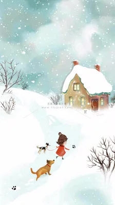 冬天雪山白雪地木屋女孩牵着狗游玩可爱卡通插画立冬大雪小雪背景
