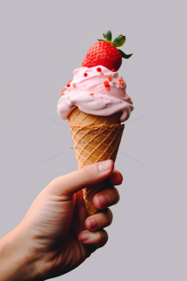 草莓甜筒冰淇淋手握冰淇淋摄影图 