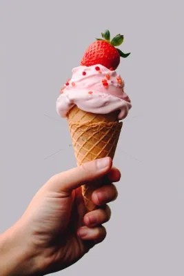 草莓甜筒冰淇淋手握冰淇淋摄影图 