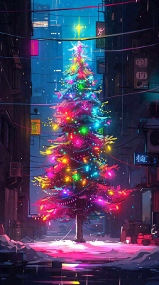 炫酷圣诞彩色缤纷圣诞树节日，夜晚街道建筑，暗黑
